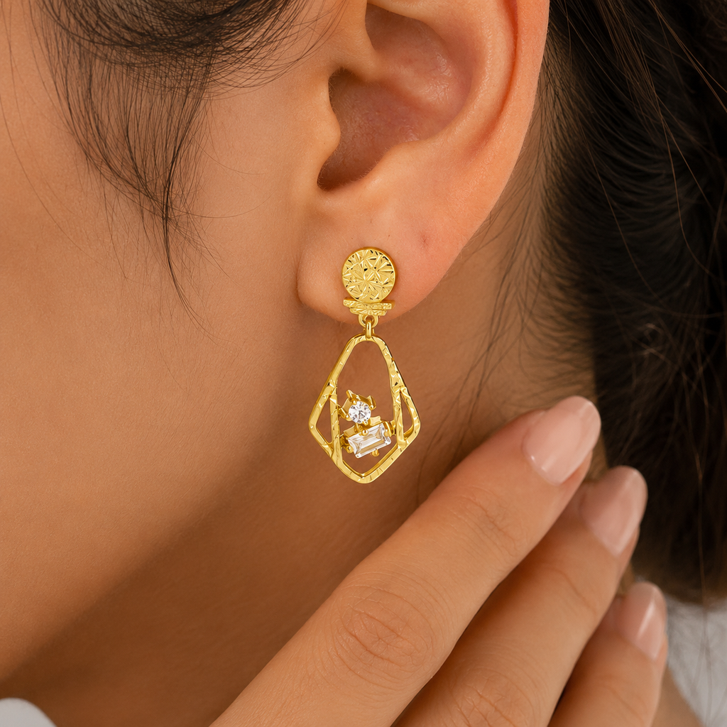 Designer 18K Gold Plated Geometric White Zircon & Green Tourmaline Statement Earrings for Women & Girls BIE1053