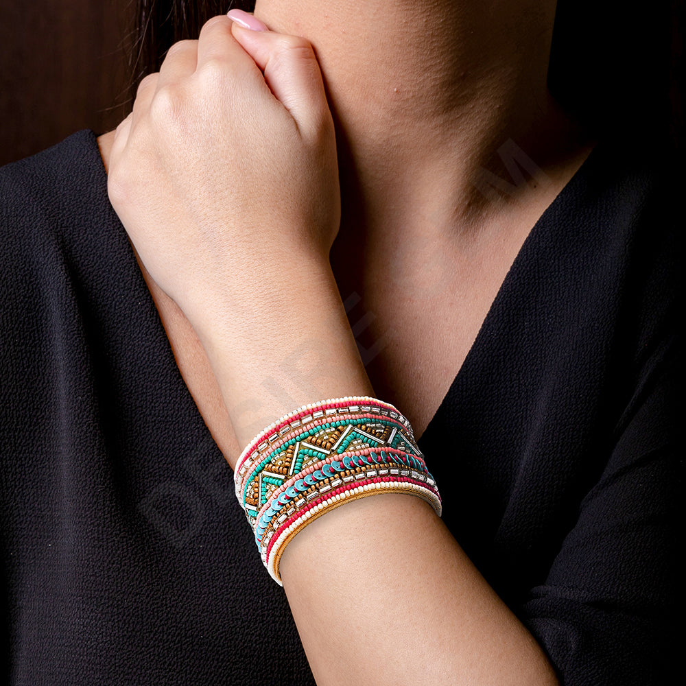 Colorful Bohemian Boho Seed Bead Loom Bracelet, Ethnic Large Cuff Bracelets For Women FBR1004