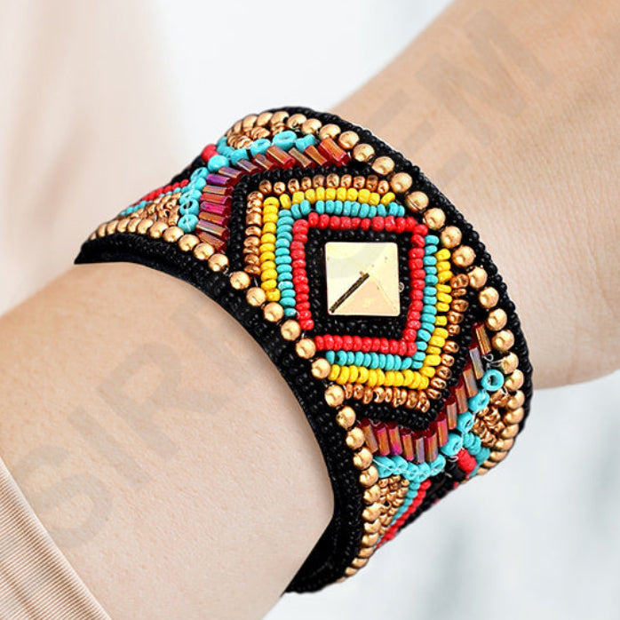 Colorful Bohemian Boho Seed Bead Loom Bracelet, Ethnic Large Cuff Bracelets For Women FBR1008