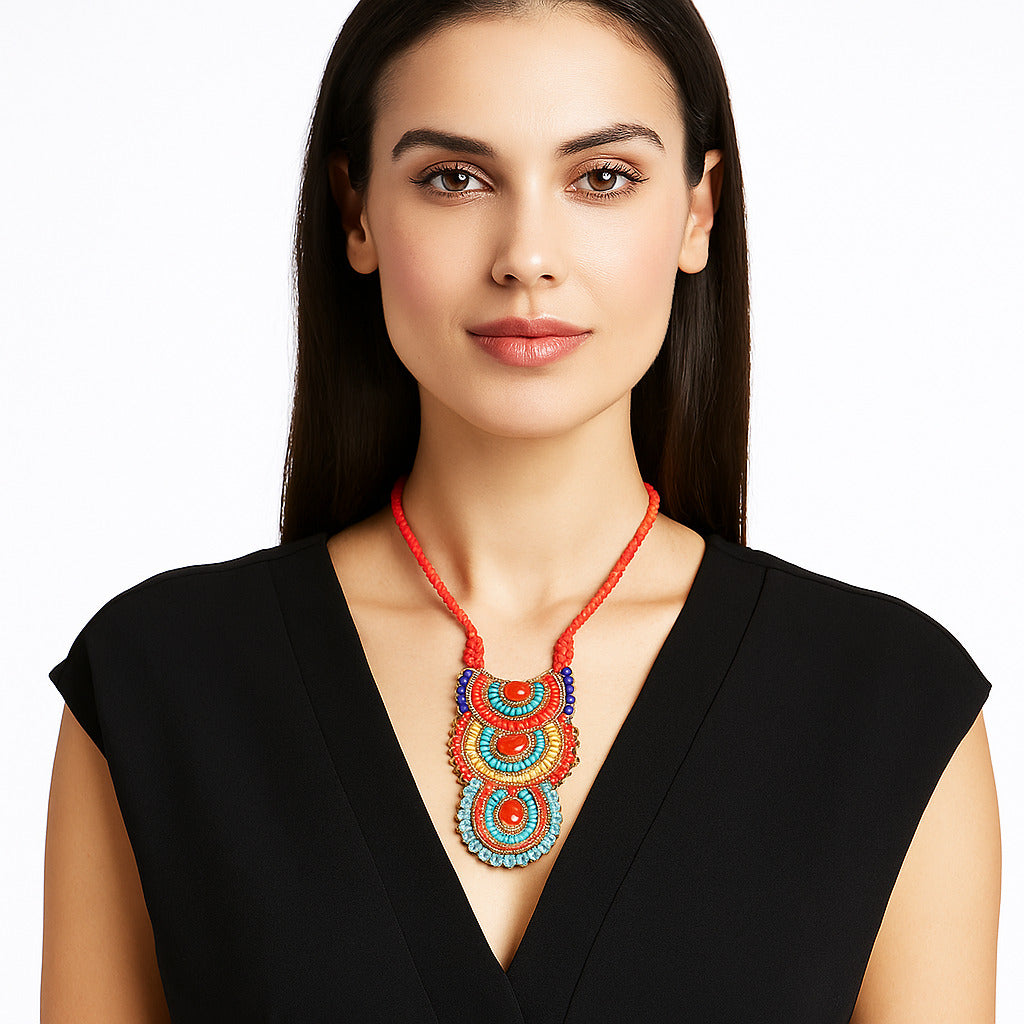 Multicolor Medallion Beaded Necklace – Boho Seed Bead Tassel Necklace, Bohemian Beaded Necklace FNC1008