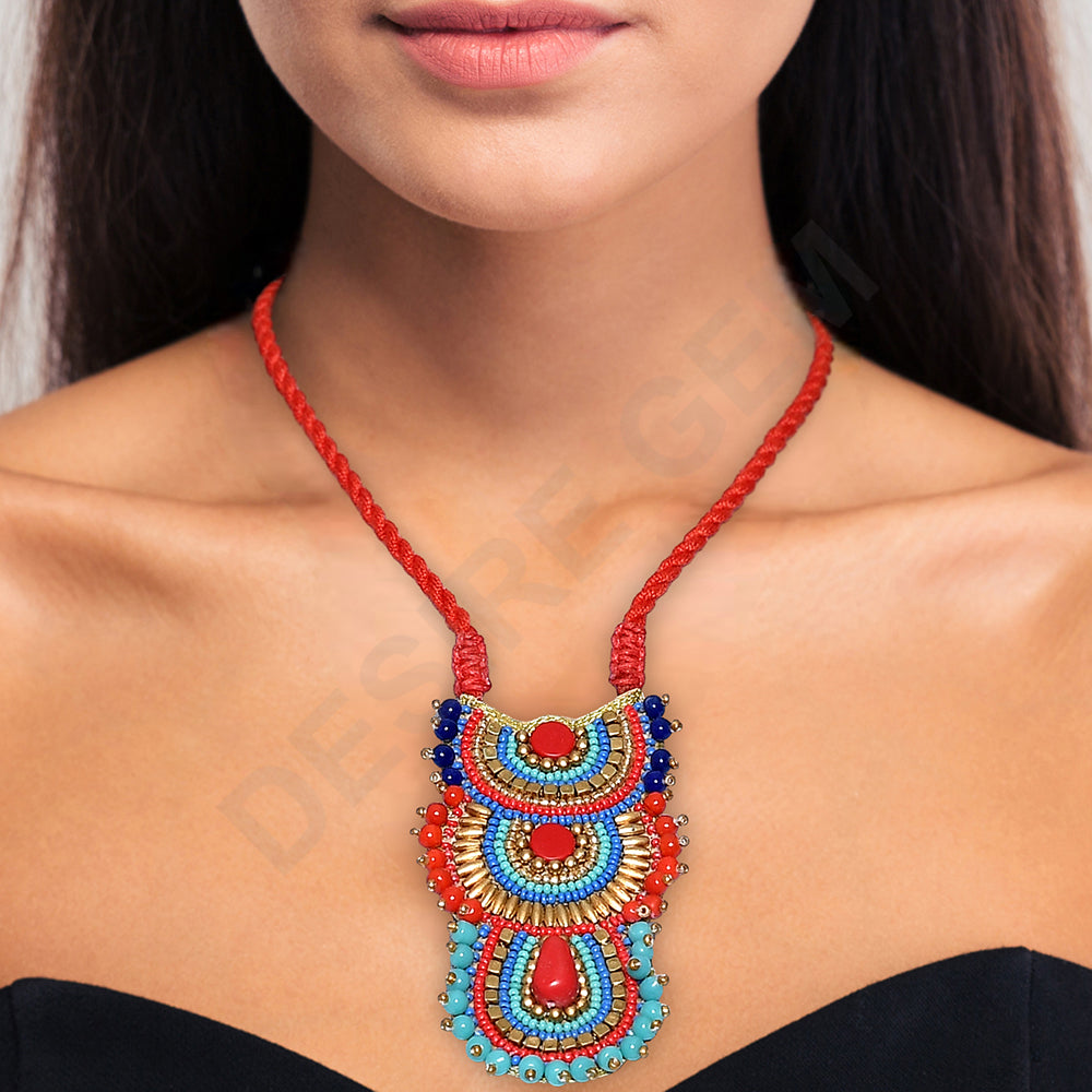Multicolor Medallion Beaded Necklace – Boho Seed Bead Tassel Necklace, Bohemian Beaded Necklace FNC1008