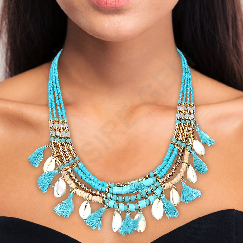Shell Tassel Beaded Necklace,Glass Seed Beaded Bohemian Boho, Ethnic Necklace FNC1009