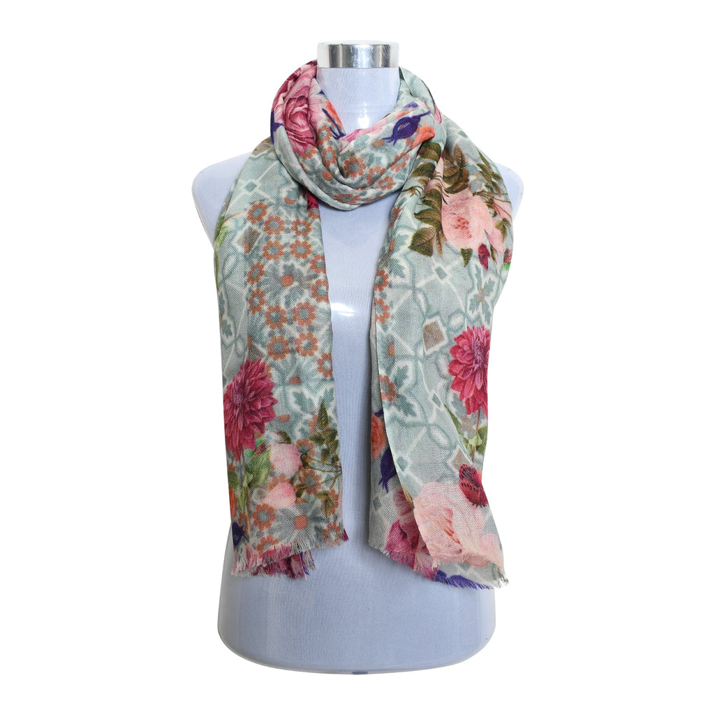 Premium Quality Floral Printed Scarf Silk and Wool Mix Lightweight MSW102