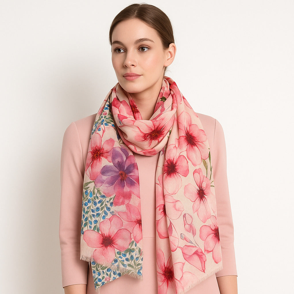 Premium Quality Floral Printed Scarf Silk and Wool Mix Lightweight MSW104