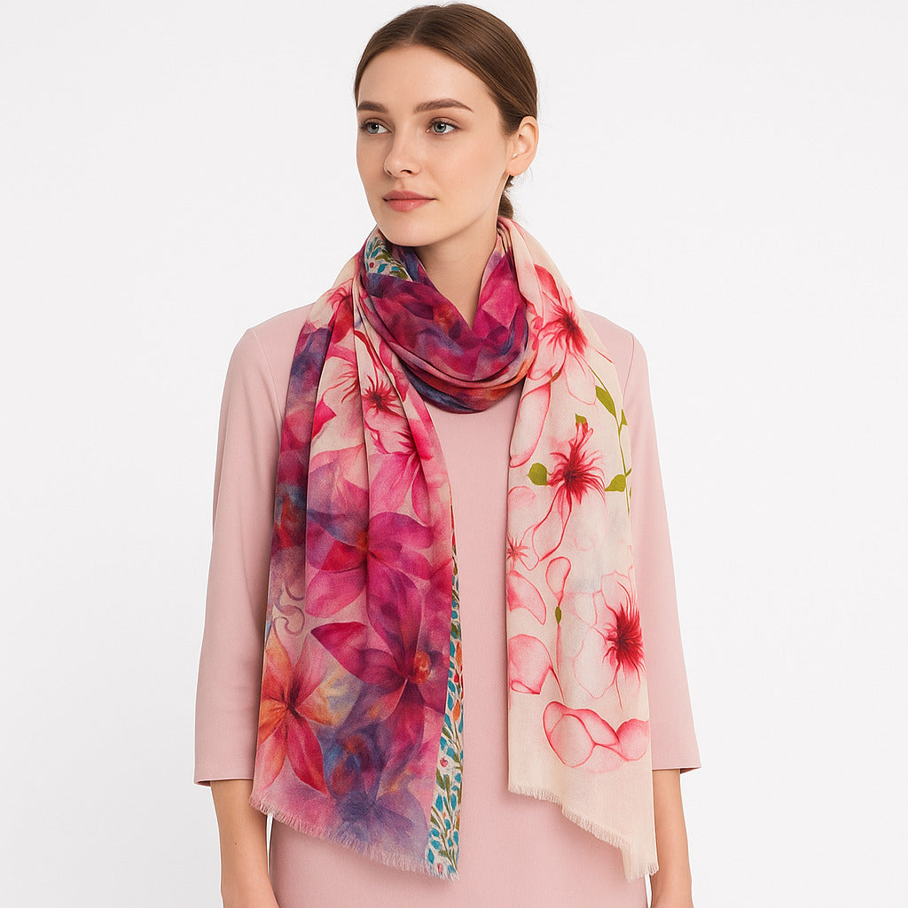 Premium Quality Floral Printed Scarf Silk and Wool Mix Lightweight MSW104