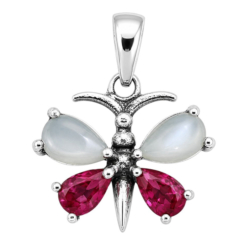 Butterfly - Srilankan Moonstone and Ruby 925 Sterling Silver Pendant Necklace Jewelry SP01009