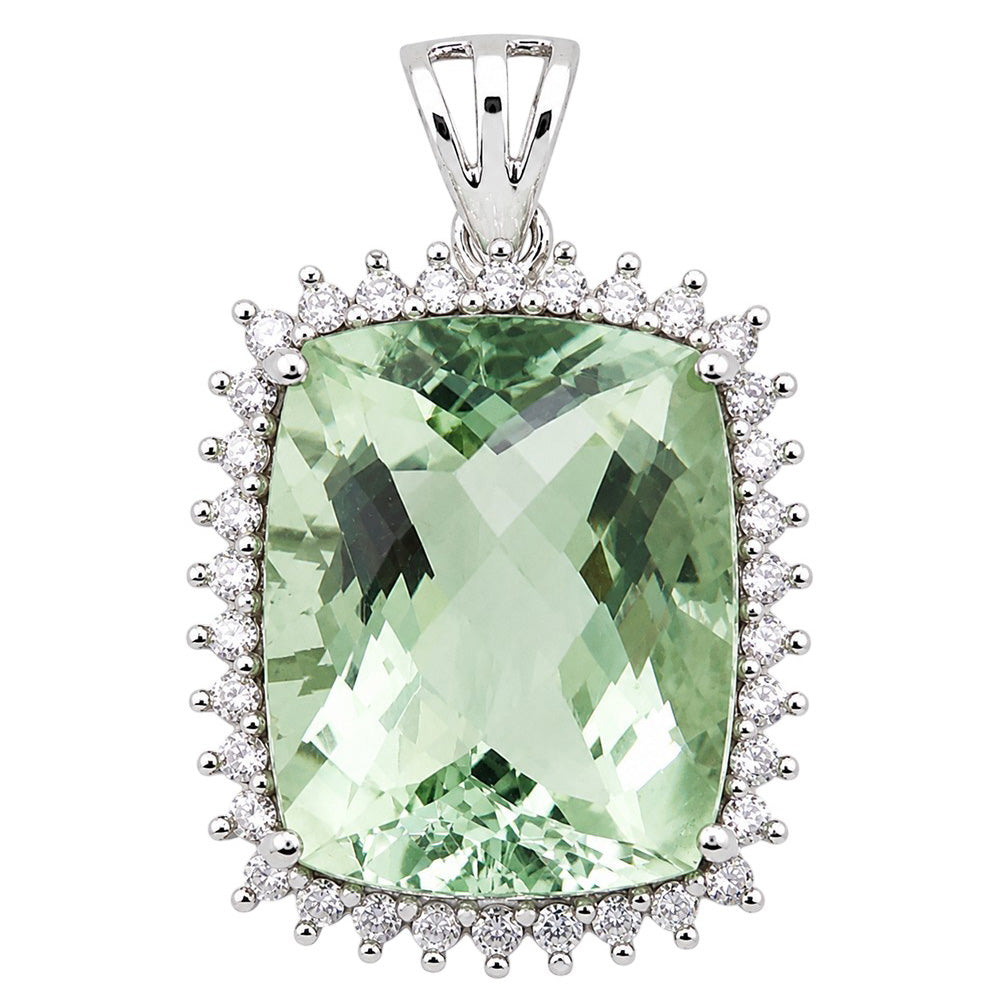 Prasiolite (Green Amethyst) and White Zircon 925 Sterling Silver Pendant Necklace Jewelry SP01017