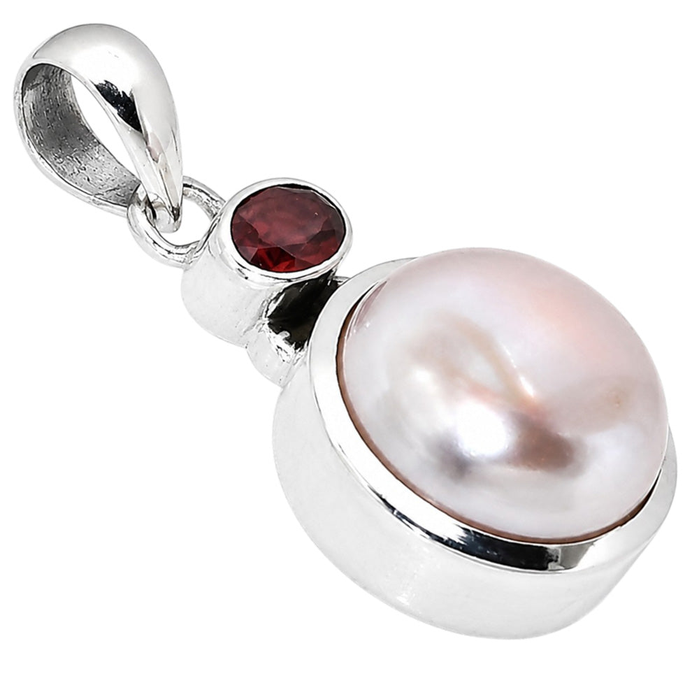 Natural Fresh Water Pearl and Hessonite Garnet 925 Sterling Silver Pendant Necklace Jewelry SP01020