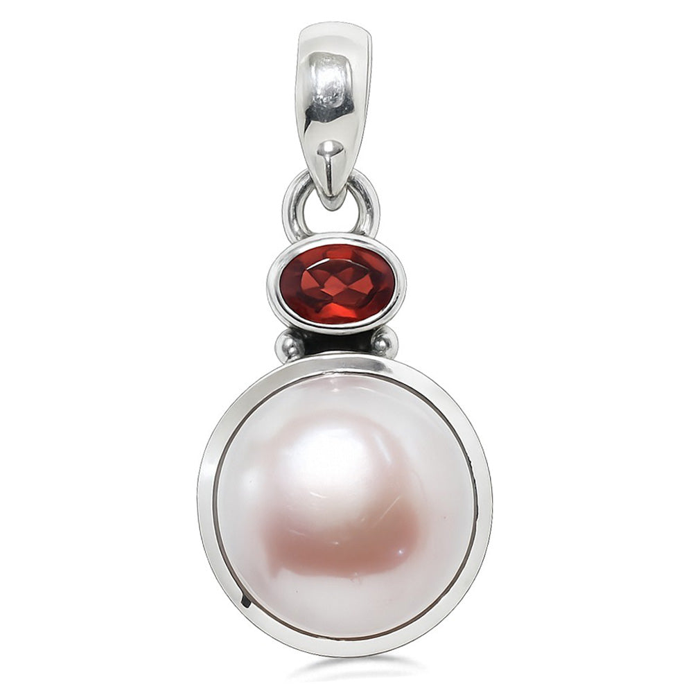 Natural Fresh Water Pearl and Hessonite Garnet 925 Sterling Silver Pendant Necklace Jewelry SP01020