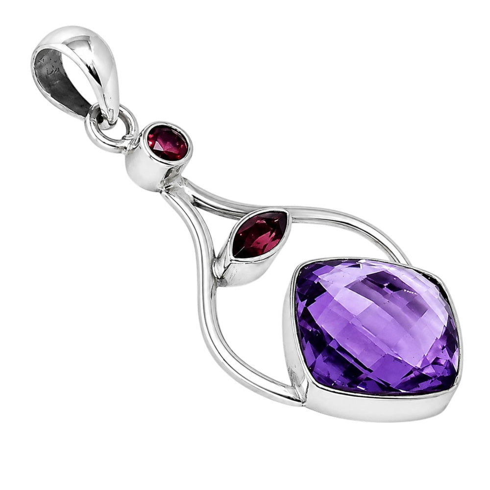Amethyst Checker Briolette and Hessonite Garnet 925 Sterling Silver Pendant Necklace Jewelry SP01031