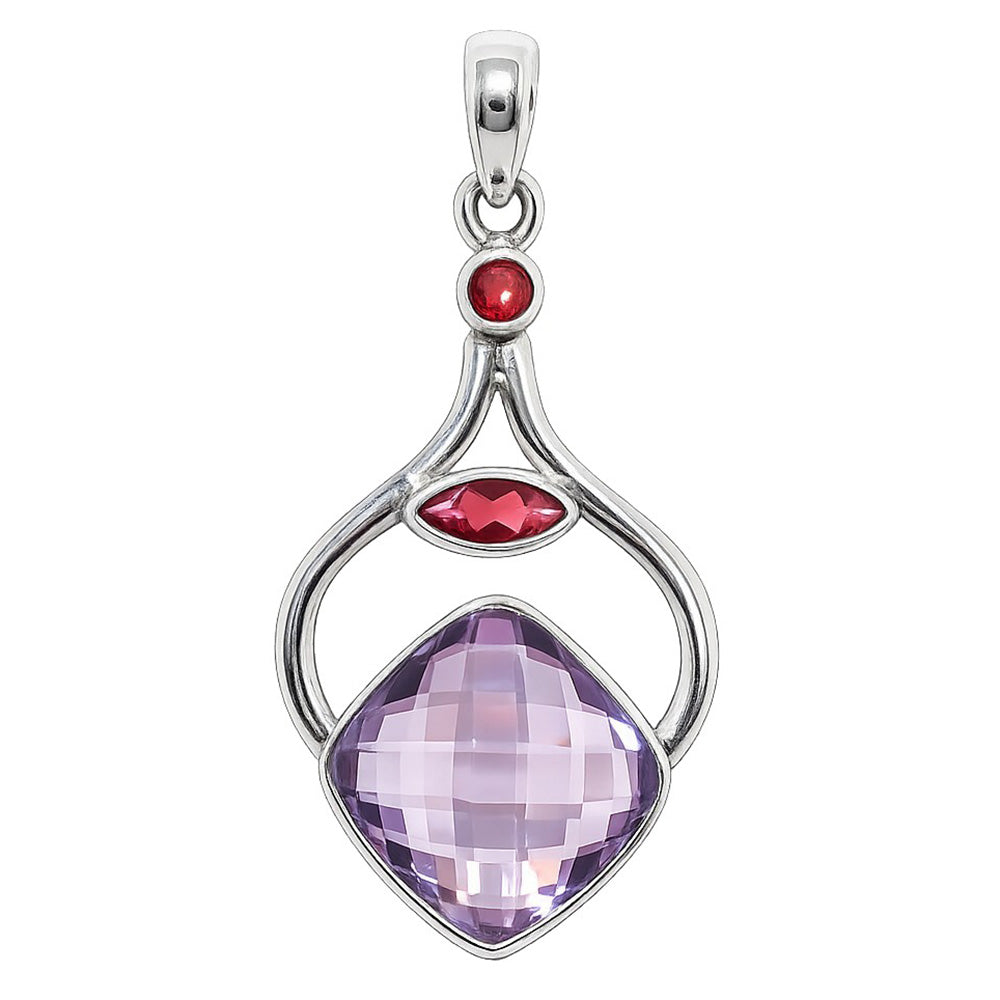 Amethyst Checker Briolette and Hessonite Garnet 925 Sterling Silver Pendant Necklace Jewelry SP01031