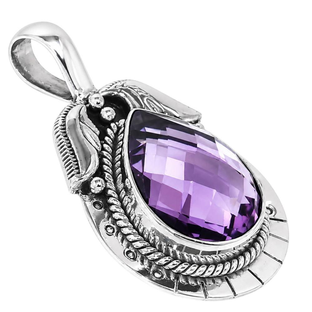 Amethyst Checker Briolette 925 Sterling Silver Pendant Necklace Jewelry SP01036