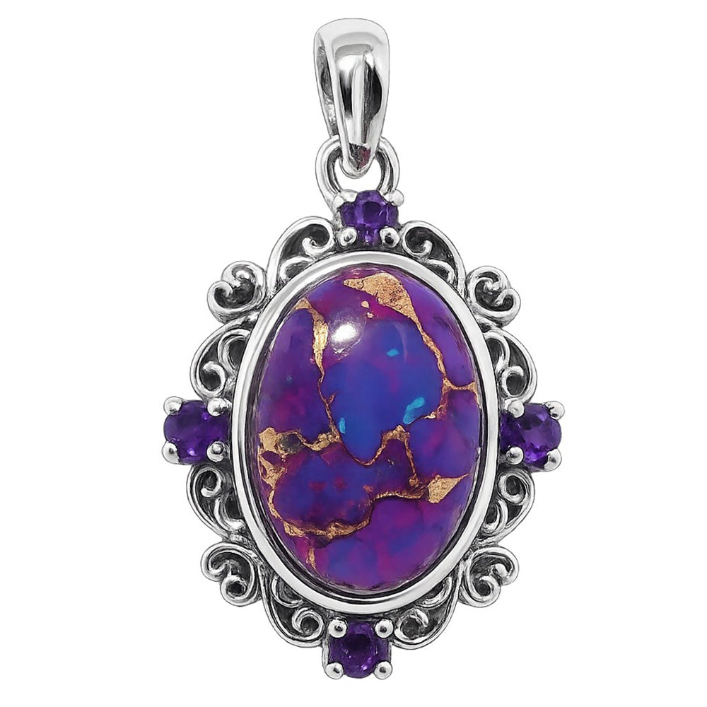 Copper Purple Turquoise and Amethyst 925 Sterling Silver Pendant Necklace Jewelry SP01037