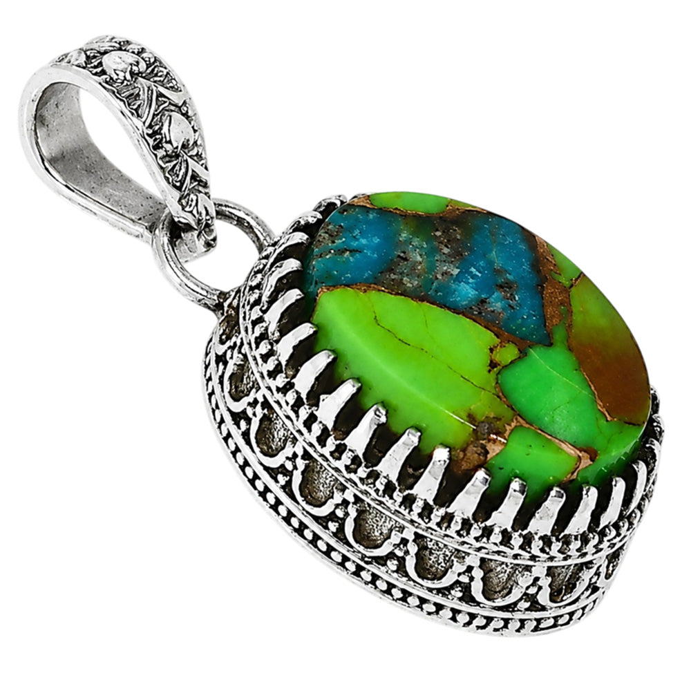 Filigree - Blue Turquoise In Green Mohave 925 Sterling Silver Pendant Necklace Jewelry SP01042
