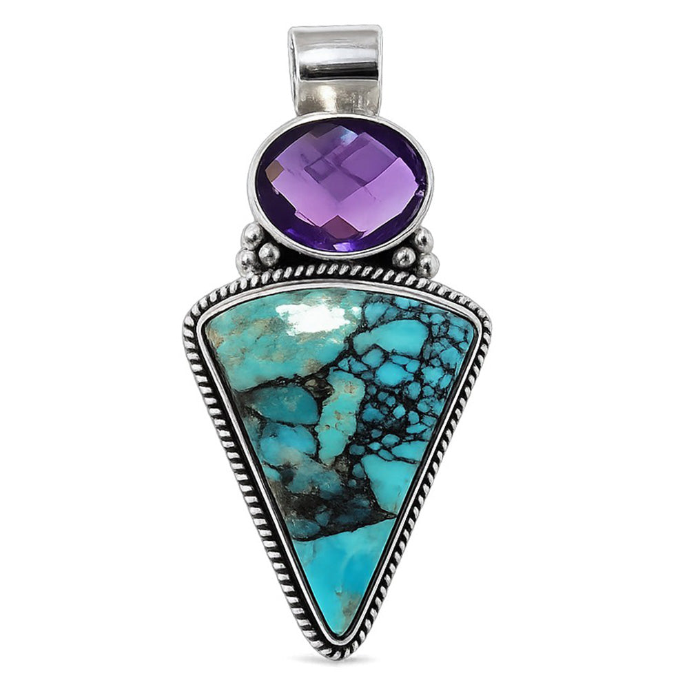 Lucky Charm Tibetan Turquoise and Amethyst 925 Sterling Silver Pendant Necklace Jewelry SP01048