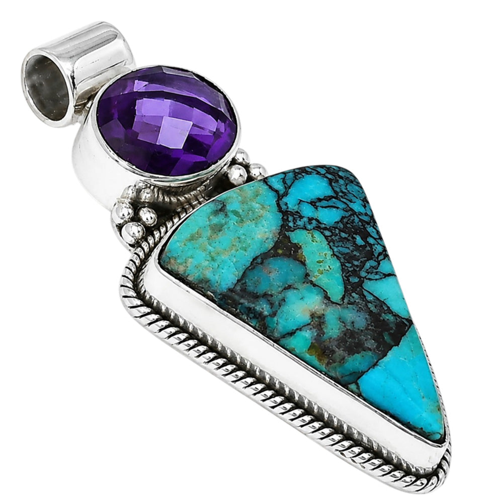 Lucky Charm Tibetan Turquoise and Amethyst 925 Sterling Silver Pendant Necklace Jewelry SP01048