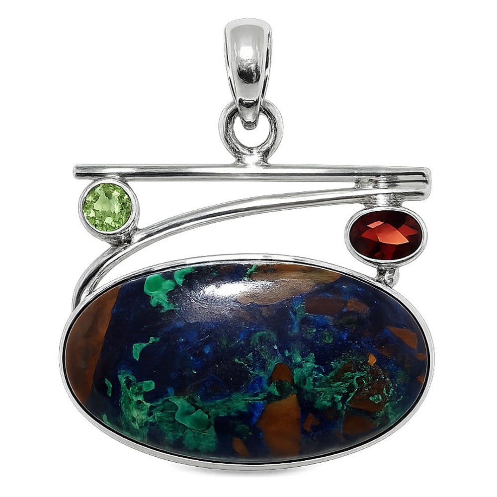 Azurite Chrysocolla, Garnet & Peridot 925 Sterling Silver Pendant Necklace Jewelry SP01049
