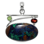 Azurite Chrysocolla, Garnet & Peridot 925 Sterling Silver Pendant Necklace Jewelry SP01049