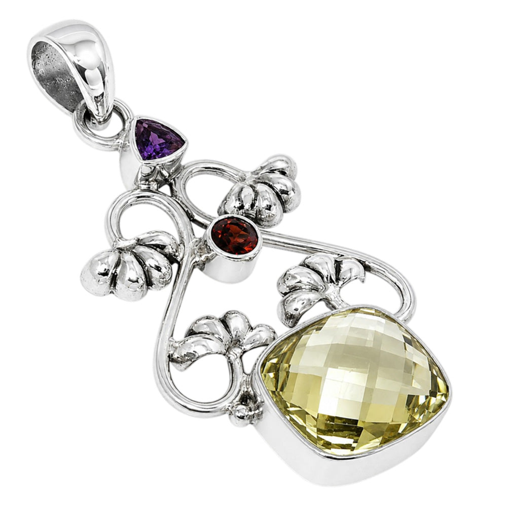 Lemon Quartz Checker Briolette, Amethyst & Garnet 925 Sterling Silver Pendant Necklace Jewelry SP01052