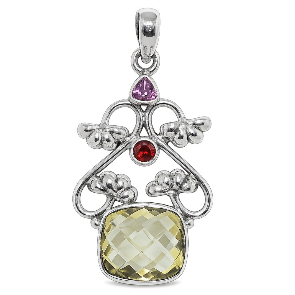 Lemon Quartz Checker Briolette, Amethyst & Garnet 925 Sterling Silver Pendant Necklace Jewelry SP01052