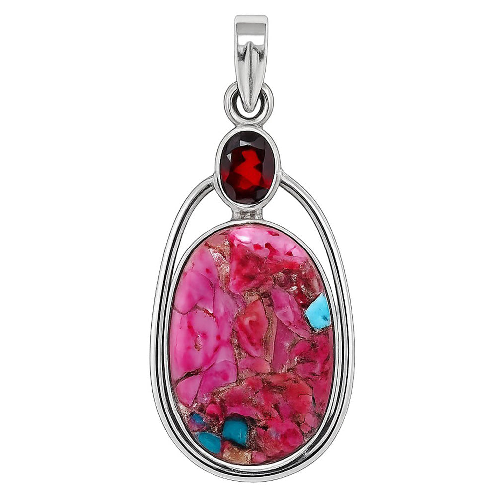 Kingman Pink Dahlia Turquoise and Hessonite Garnet 925 Sterling Silver Pendant Necklace Jewelry SP01065
