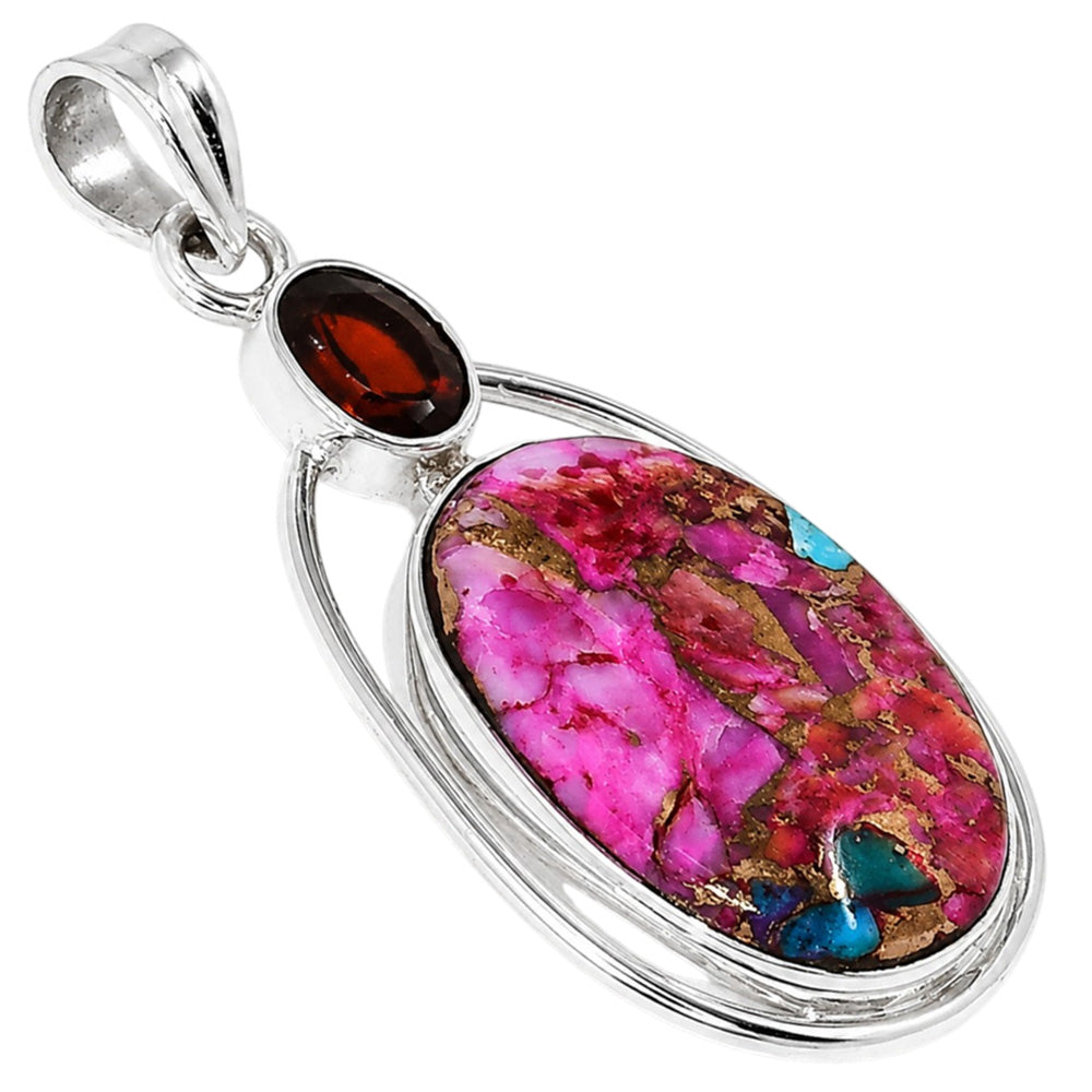 Kingman Pink Dahlia Turquoise and Hessonite Garnet 925 Sterling Silver Pendant Necklace Jewelry SP01065