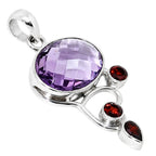 Amethyst Checker Briolette and Hessonite Garnet 925 Sterling Silver Pendant Necklace Jewelry SP01069