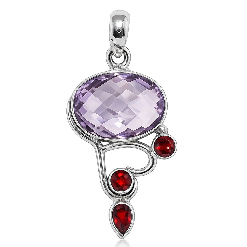 Amethyst Checker Briolette and Hessonite Garnet 925 Sterling Silver Pendant Necklace Jewelry SP01069