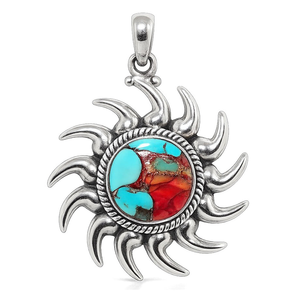 Sun - Kingman Orange Dahlia Turquoise 925 Sterling Silver Pendant Necklace Jewelry SP01072