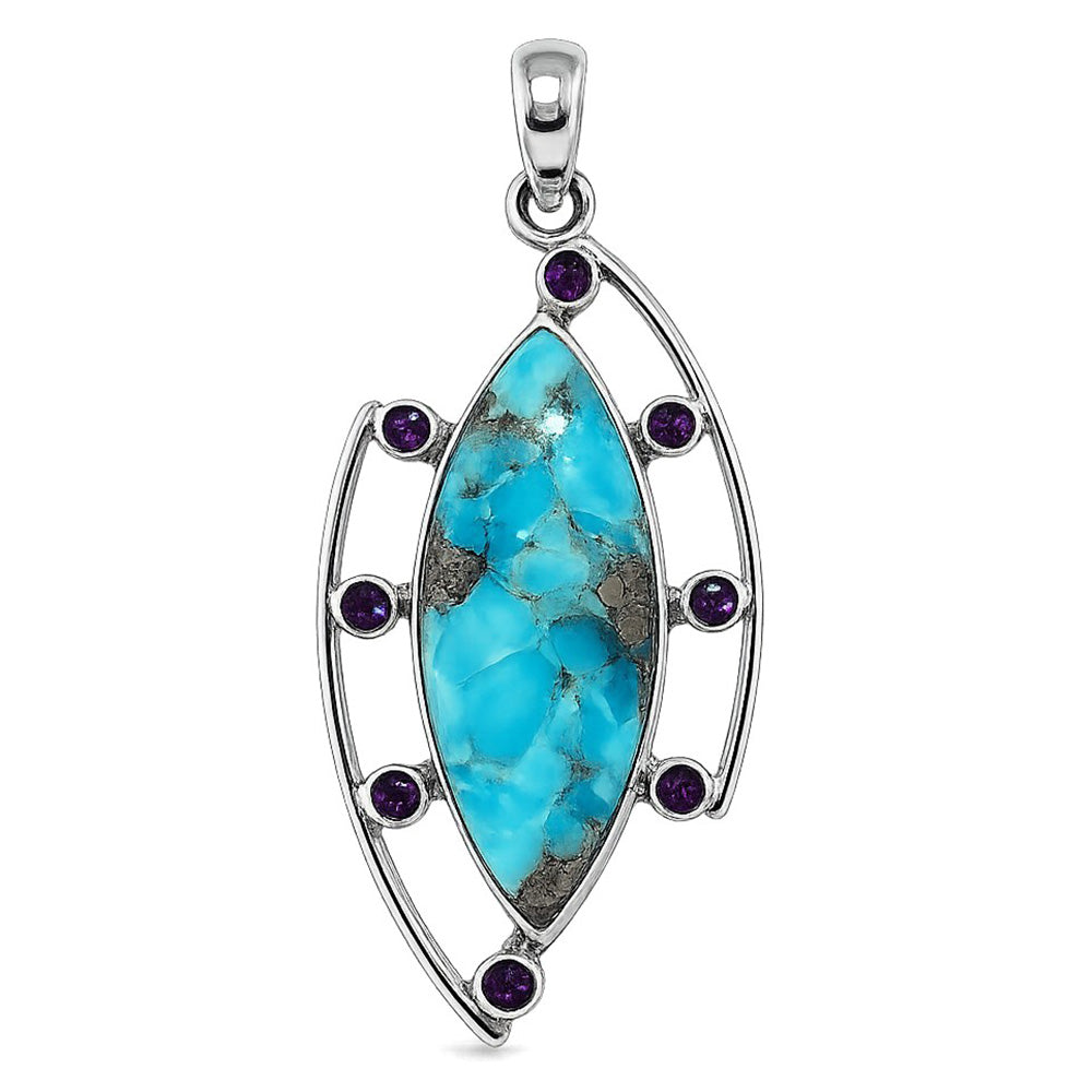 Kingman Turquoise With Pyrite and African Amethyst 925 Sterling Silver Pendant Necklace Jewelry SP01076