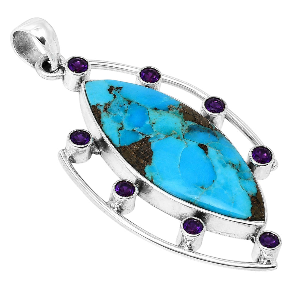 Kingman Turquoise With Pyrite and African Amethyst 925 Sterling Silver Pendant Necklace Jewelry SP01076