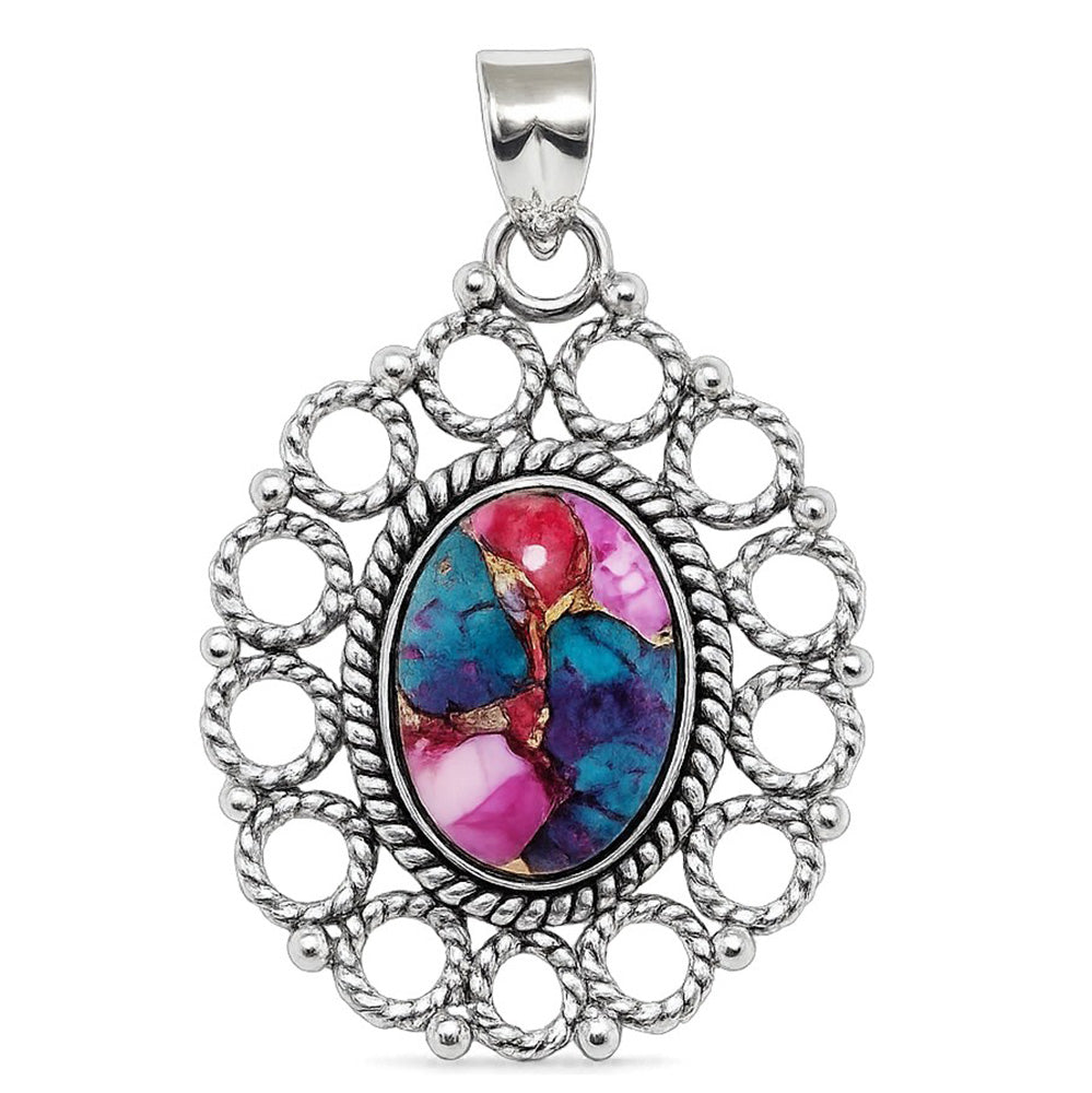 Kingman Pink Dahlia Turquoise 925 Sterling Silver Pendant Necklace Jewelry SP01082