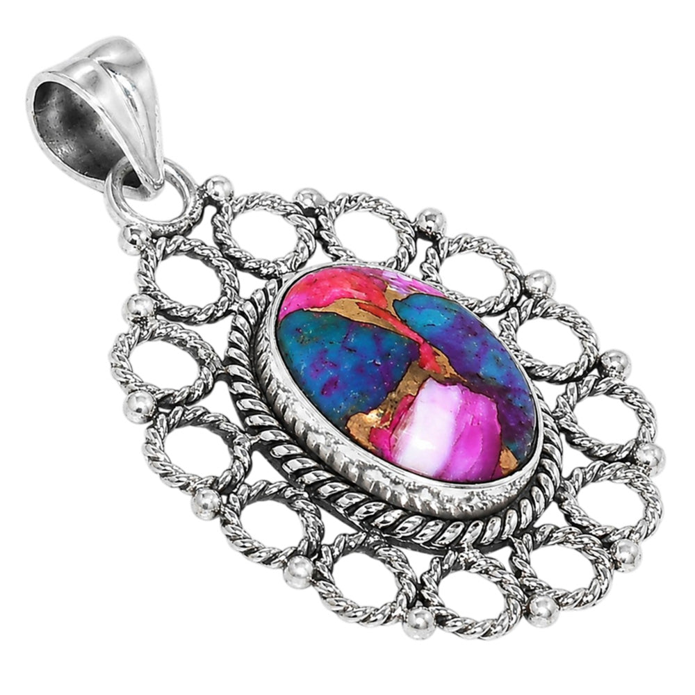 Kingman Pink Dahlia Turquoise 925 Sterling Silver Pendant Necklace Jewelry SP01082