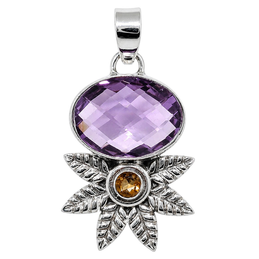 Amethyst Checker Briolette and Citrine 925 Sterling Silver Pendant Necklace Jewelry SP01085