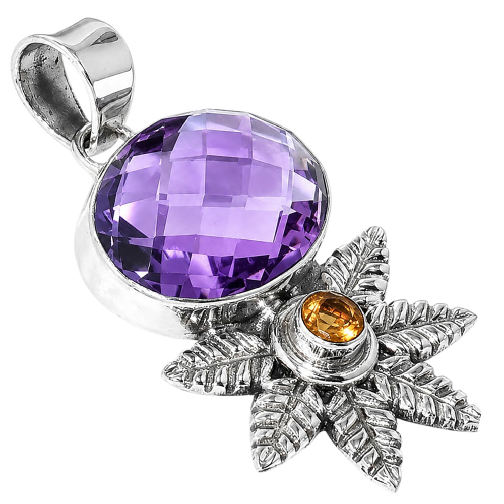 Amethyst Checker Briolette and Citrine 925 Sterling Silver Pendant Necklace Jewelry SP01085