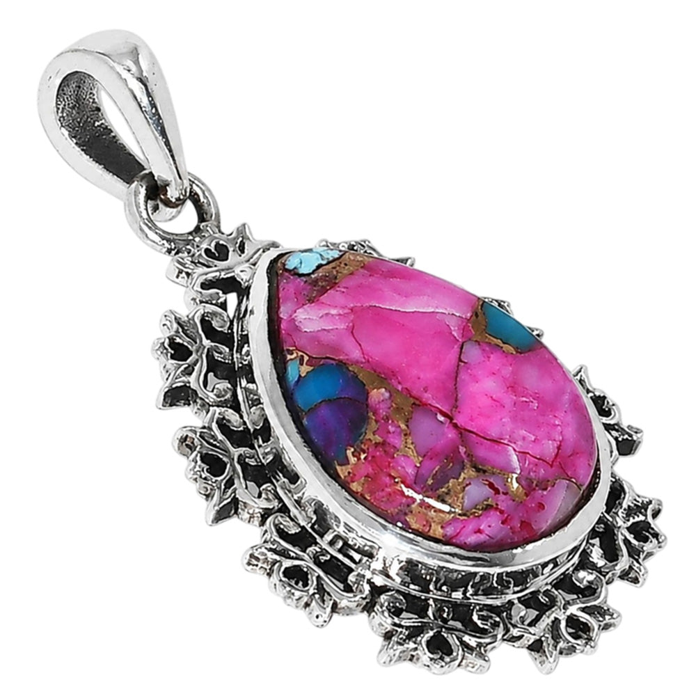 Kingman Pink Dahlia Turquoise 925 Sterling Silver Pendant Necklace Jewelry SP01092