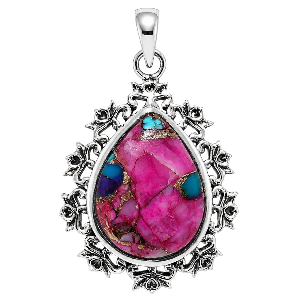 Kingman Pink Dahlia Turquoise 925 Sterling Silver Pendant Necklace Jewelry SP01092