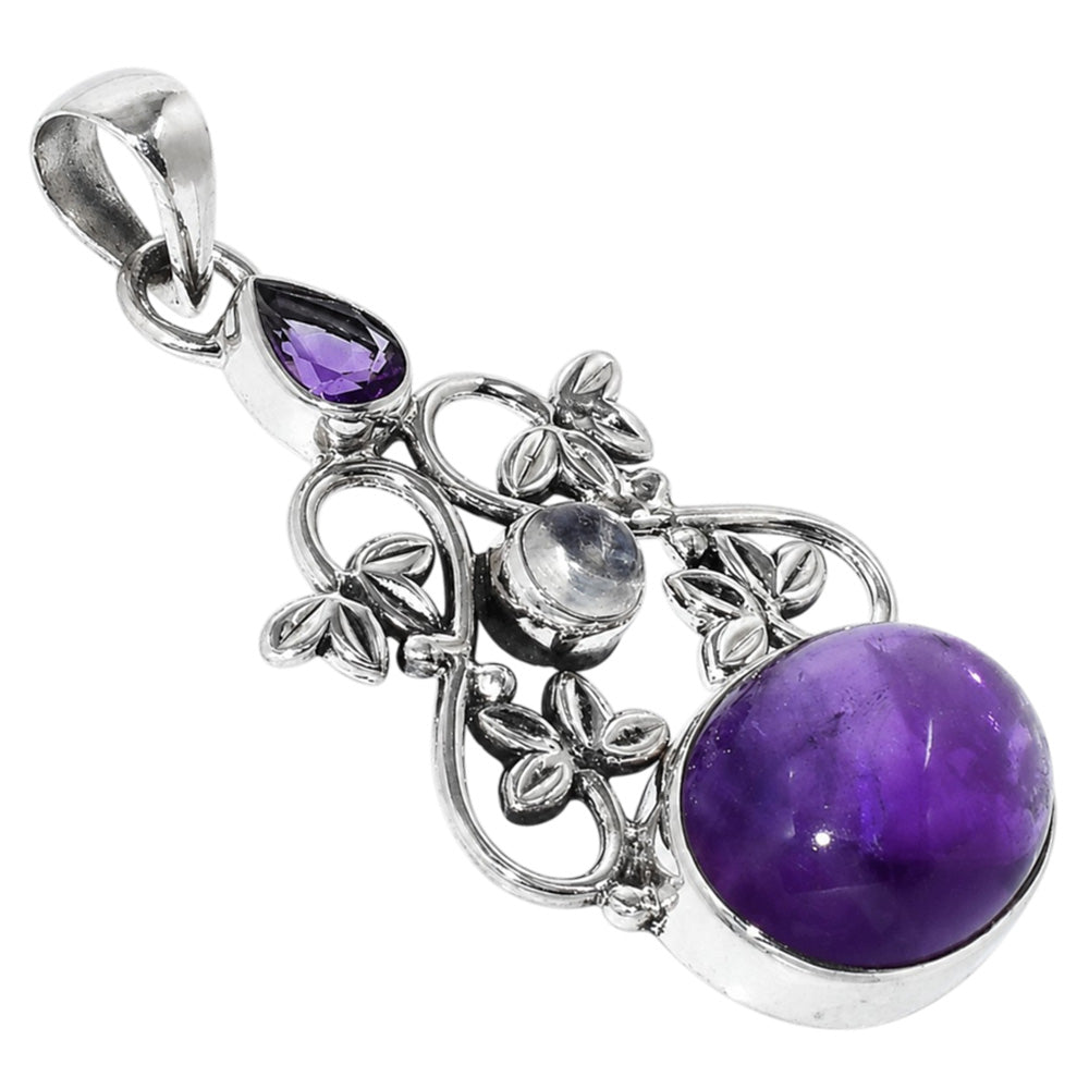 Amethyst Cab and Rainbow Moonstone 925 Sterling Silver Pendant Necklace Jewelry SP01093