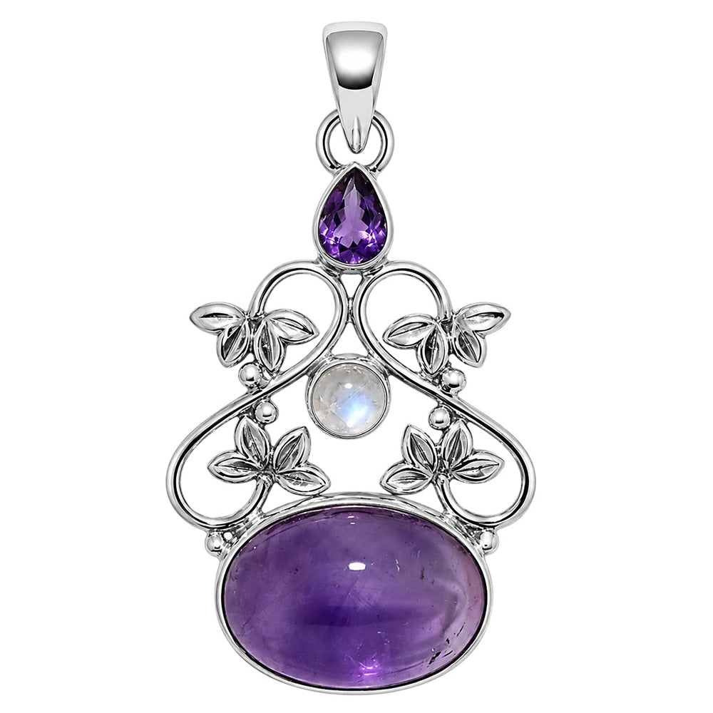 Amethyst Cab and Rainbow Moonstone 925 Sterling Silver Pendant Necklace Jewelry SP01093