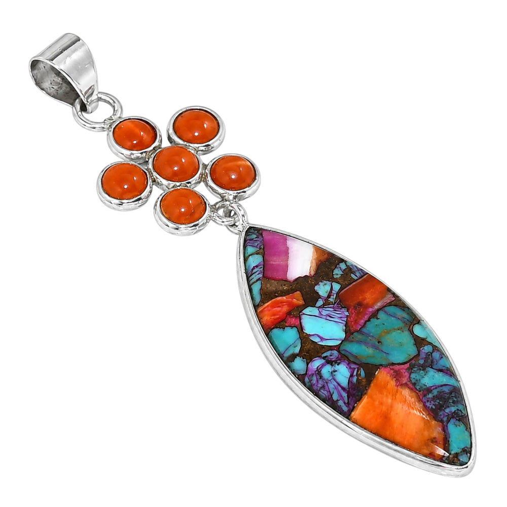 Kingman Orange Dahlia Turquoise and Carnelian 925 Sterling Silver Pendant Necklace Jewelry SP01098