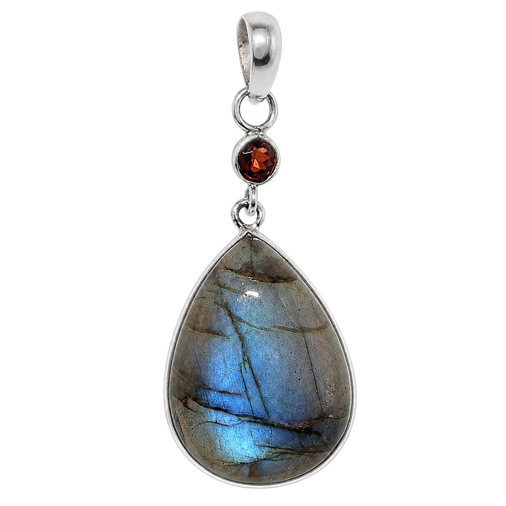 Blue Labradorite and Hessonite Garnet 925 Sterling Silver Pendant Necklace Jewelry SP01105