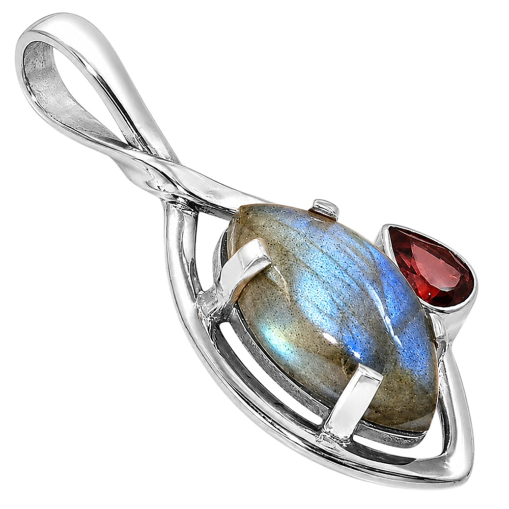 Blue Labradorite and Hessonite Garnet 925 Sterling Silver Pendant Necklace Jewelry SP01130