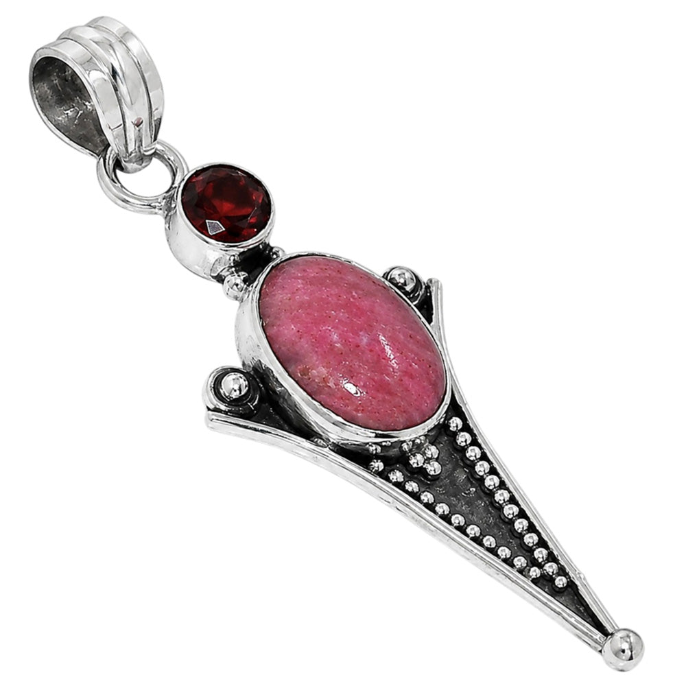 Pink Tulip Quartz and Hessonite Garnet 925 Sterling Silver Pendant Necklace Jewelry SP01131