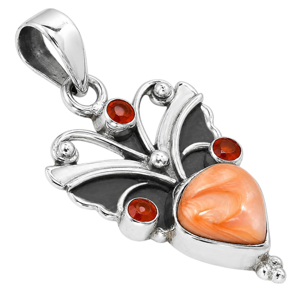 Natural Spiny Oyster Shell and Carnelian 925 Sterling Silver Pendant Necklace Jewelry SP01132
