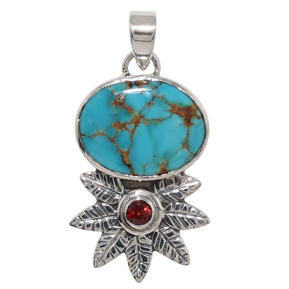 Blue Mohave Turquoise and Hessonite Garnet 925 Sterling Silver Pendant Necklace Jewelry SP01136