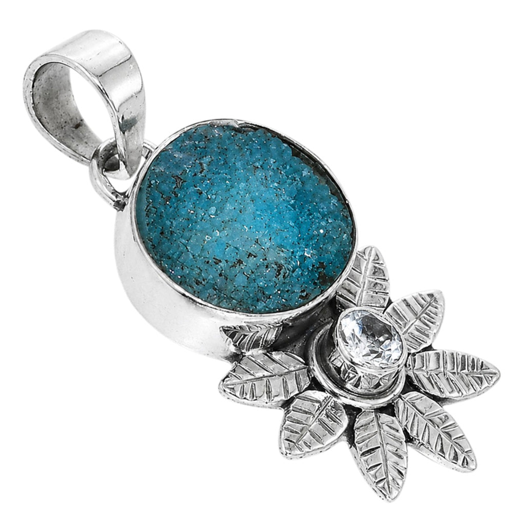 Blue Druzy and Sky Blue Topaz 925 Sterling Silver Pendant Necklace Jewelry SP01138