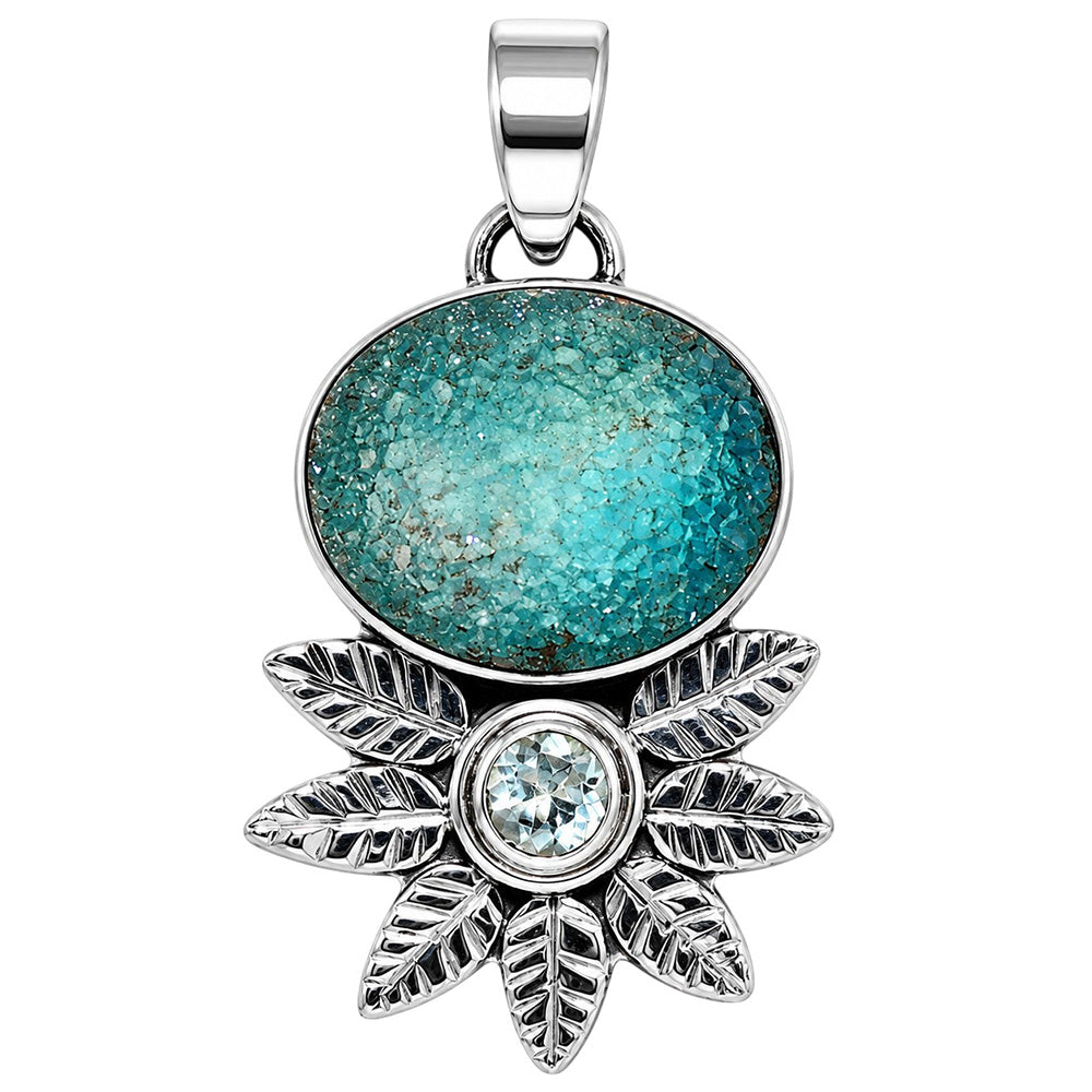 Blue Druzy and Sky Blue Topaz 925 Sterling Silver Pendant Necklace Jewelry SP01138
