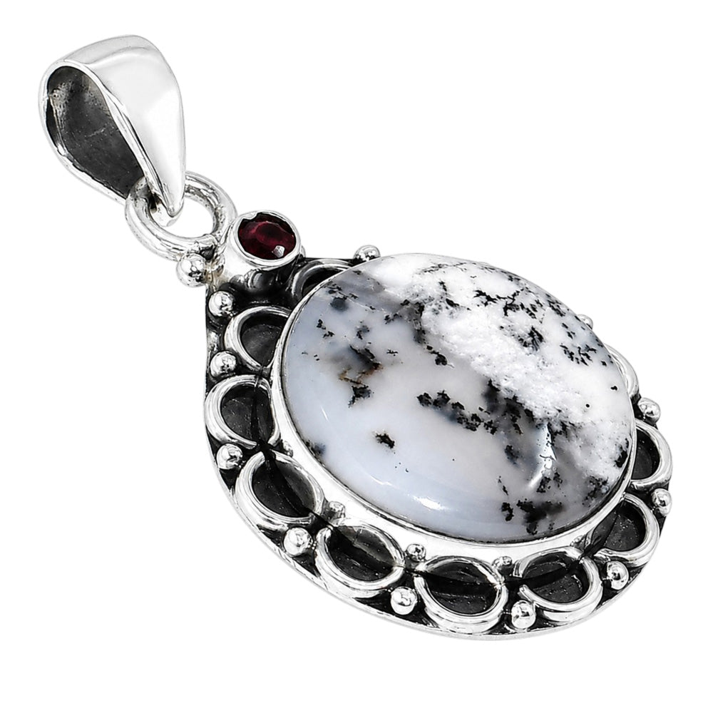 Merlinite Dendritic Opal and Hessonite Garnet 925 Sterling Silver Pendant Necklace Jewelry SP01148