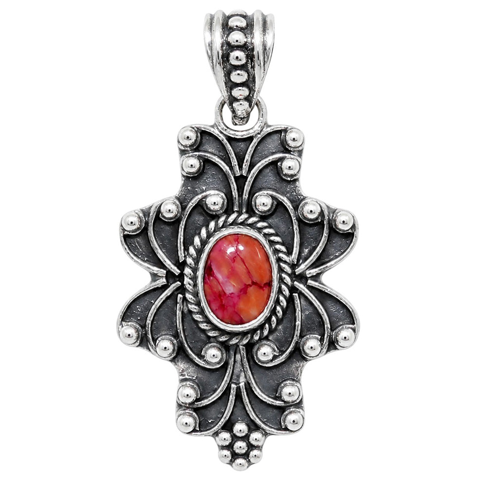 Filigree - Kingman Orange Dahlia Turquoise 925 Sterling Silver Pendant Necklace Jewelry SP01152