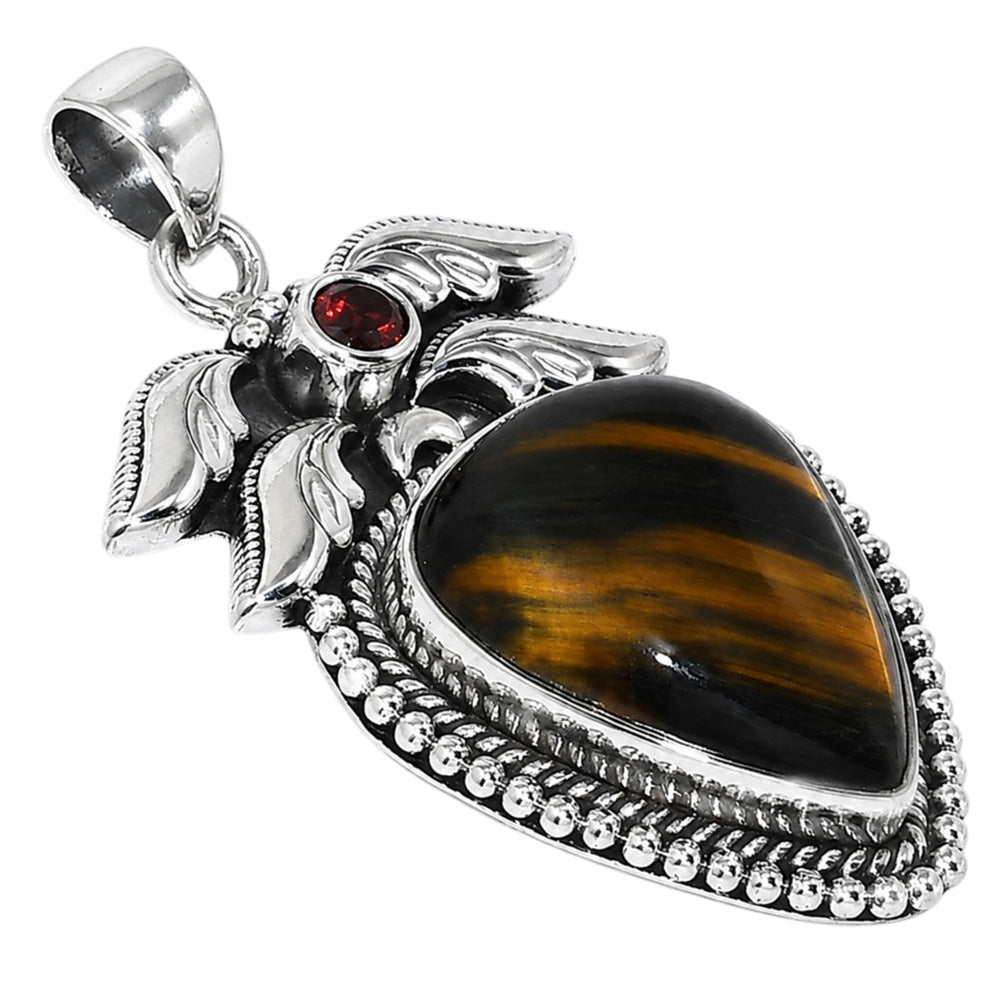 Blue Tiger Eye and Hessonite Garnet 925 Sterling Silver Pendant Necklace Jewelry SP01160